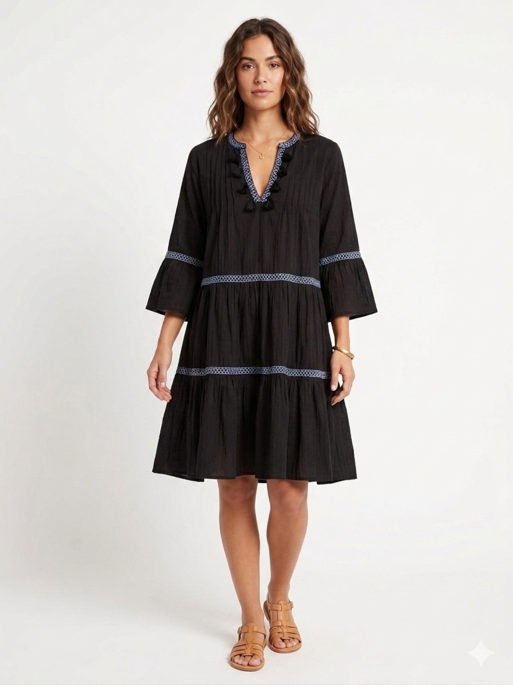 Tommy Bahama Black Embroidered Tassel Boho Tunic Dress Small